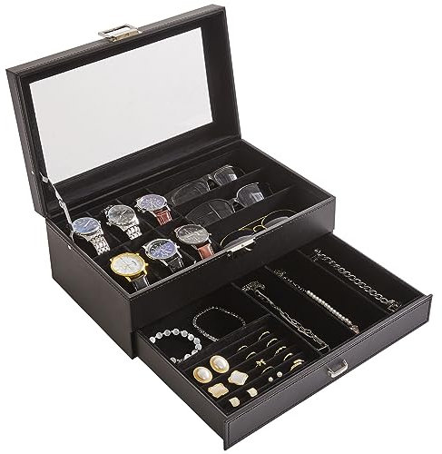 IBUYKE Uhrenbox Herren, PU Leder Uhrenkasten Uhren Aufbewahrungsbox mit Schublade Glasdeckel, Uhrenkoffer für Uhren Ringe Sonnenbrille Schmuck, Schwarz JWB002B