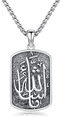 ROMANTICWORK Allah Kette Sterling Silber 925 Islam Kette Muslimische Halskette Arabische Kalligraphie Mashallah Erkennungsmarke Anhänger Islamischer Schmuck Geschenke für Männer Herren Damen