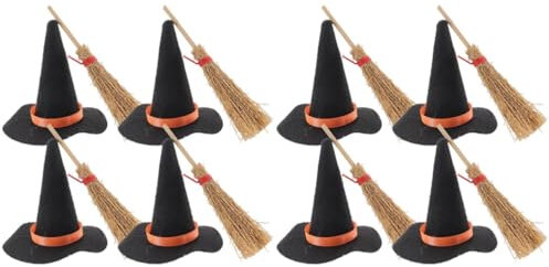 Ciieeo 2sets Micro Landscape Witch Hats Broom Accessories for Halloween Decor Home Party 8pcs*2