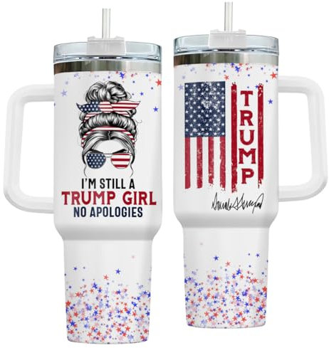 GEPOSTORE America Girl Tumbler 40oz with Handle, USA Flag Travel Mug, Patriot Gift, Christmas, Birthday Gift for Women Teen Girls