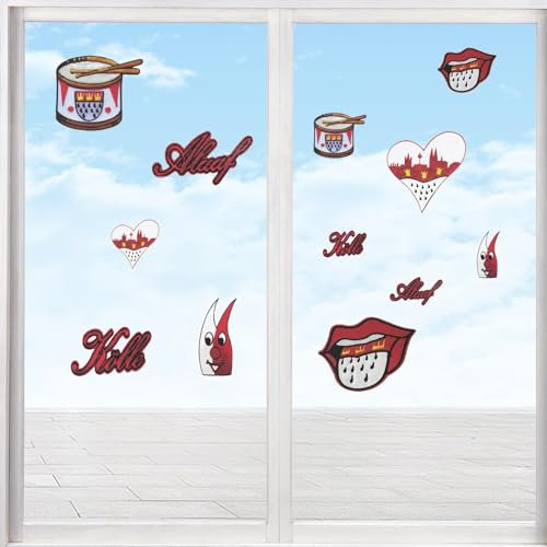 24 Stück Fensterbilder Karneval Rot Weiß Fensterdeko Karneval Köln Hippie Herz Alaaf Fenster Sticker Kinder Anti-Kollision Fensterfolie Glas Fensterdeko Aufklebe