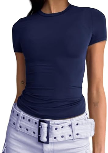 Cuptacc Tshirt Damen Rundhals Basic T Shirt Slim Fit Kurzarm Oberteil | Rundhalsausschnitt,Kurzarm,Slim Fit,Einfarbig,Casual,Basics,Stretch,Komfort,Hautfreundliches,Sommer Mode