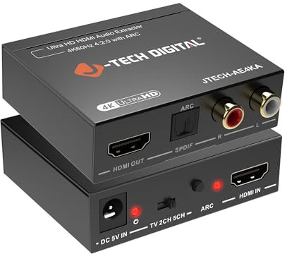 J-Tech Digital Extractor de audio HDMI 4K 60Hz y soporte ARC, HDMI a RCA óptico compatible con Dolby Digital DTS estéreo para consolas de juegos Blu-Ray (JTECH-AE4KA)