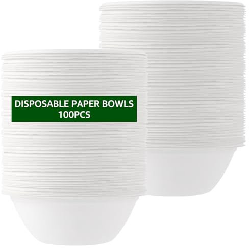 FWEEK 100 Pièces Bol Jetable 750ml Soupe, Bols Jetables Bagasse de Canne à Sucre, Bols Jetables 750 ml, Assiette Creuse Jetable Compostable pour Fête Mariage Pique-nique, Blanc