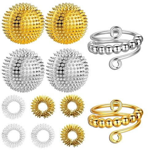 12 Stück Skills Set: 4 Igelball Massagebälle, 6 Akupressurringe, 2 Stress Ringe, Fidget Ring Set, Anxiety Ring Für Stress Relief, Massage und Panikattackenhilfe, Skills Panikattacken