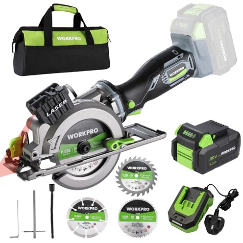 WORKPRO 20 V Cordless Mini Circular Saw with 115 mm Blades | 4500 RPM, 4.0 Ah Battery & Charger, Adjustable Cutting Depth & Angle, Laser Guide, Cuts Wood, Tile & Plastic