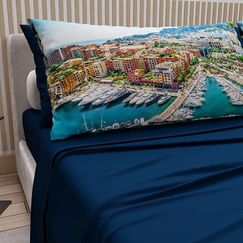 PETTI Artigiani Italiani - Bettwäsche aus Baumwolle mit Kissenbezügen mit Digitaldruck, Bettlaken für französisches Bett, Bettwäsche-Set Monaco Nachtblau, 100% Made in Italy