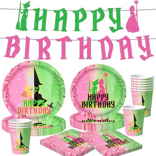 41PCS Pink and Green Birthday Party Decorations Banner Plates Cups Napkins Pink Green Witch Theme Supplies Party Favors