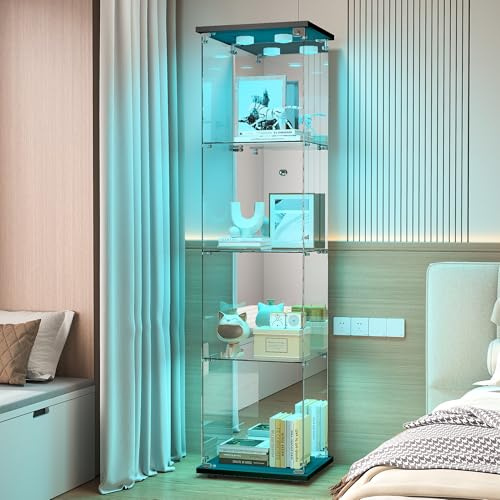 TIMORWTF Glasvitrine mit LED, Schrankvitrine für Sammlung, 1 Tür mit Schloss, 4 Einlegeböden und Spiegelrückwand, 164x42x36cm, Schwarz