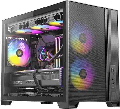 Antec FLUX M Gaming Case Micro ATX Mesh Wood Front - Black - ARGB Fans | 6 PWM Fans Included, Vertical Airflow Design, 360mm Top Radiator Support, Compact Micro-ATX Design, USB Type-C 3.2 Gen 2