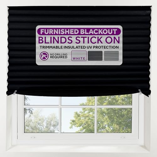 FURNISHED Blackout Blinds Stick On - Portable No Drill Blind, Temporary Blackout Cover, No Drilling Pleated Shades, Stick-on Black Out Blinds Window, Removable Blockout Shutters, Black, 130W x 210H cm