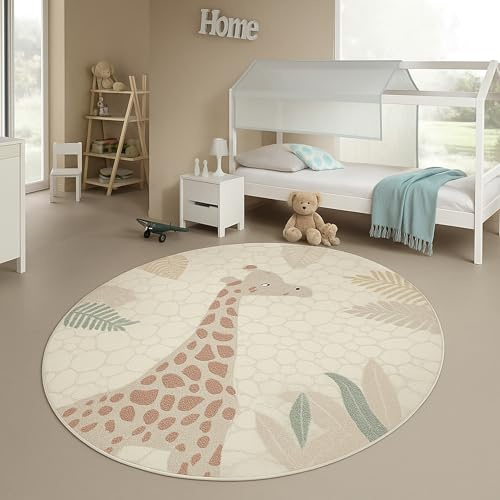 Teppich-Traum Kinderteppich Giraffe mit Blättern Creme Grün 120 cm Rund | Safari, Savanne, 3D-Hoch-Tief-Effekt, weich, pflegeleicht, strapazierfähig, hautsympathisch, OEKO-TEX, Kinderzimmer, 14 mm