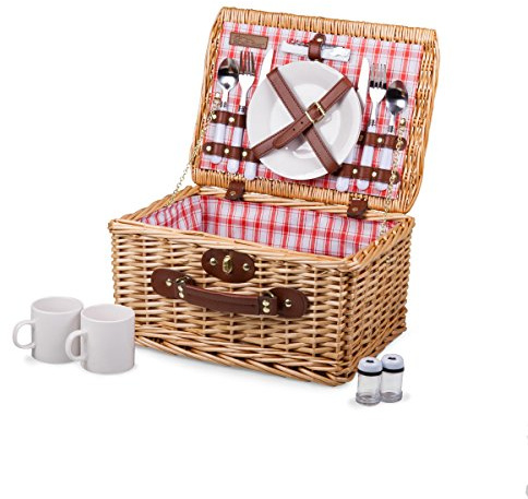 PICNIC TIME Catalina Picnic Basket for 2 - Wicker Picnic Basket with Picnic Set, (Red & White Plaid Pattern)