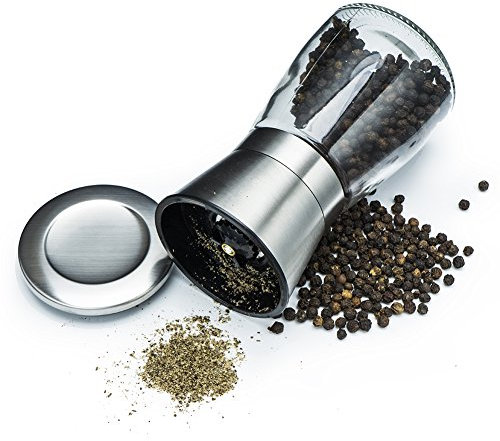 LOHAS Home Salt Pepper Mill with Glass Body Adjustable Ceramic Manual Grinder Herb Spice Crusher Suitable for Coarse Sea Salt Peppercorn, Stainless Steel Silver