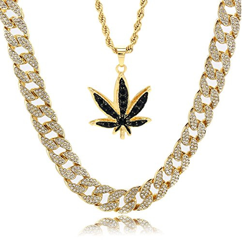 Herren Marihuana-Anhänger, 14 Karat vergoldet, 61 cm langes Seil & 76,2 cm kubanische Kette