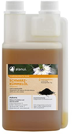 alanui Schwarzkümmelöl für Hunde, nativ kaltgepresst, 500 ml Dosierflasche