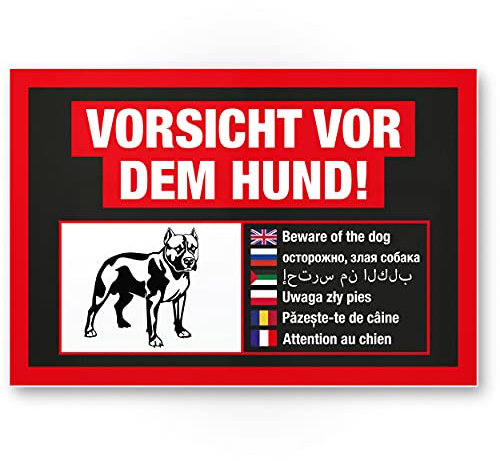 Komma Security Vorsicht vor dem Hund Schild mehrsprachig schwarz-Hinweisschild wetterfest Hundeschild Gartentor Einfahrtstor die Haustür Türschild Abschreckung Warnschild Einbruchschutz