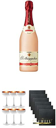 Rotkäppchen Sekt Rose alkoholfrei 0,75 Liter + Sektschale Stölzle 6 Gläser - Olympic Serie matt-weiß BRONZE 273/88/08 + Schiefer Glasuntersetzer eckig 6 x ca. 9,5 cm Durchmesser