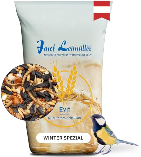 Leimüller Vogelfutter Wildvögel 5Kg (Winter Spezial) - Premium Wildvogelfutter mit schwarzen Sonnenblumenkernen & Mehlwürmern - Hoher Energiegehalt - Streufutter Wildvögel