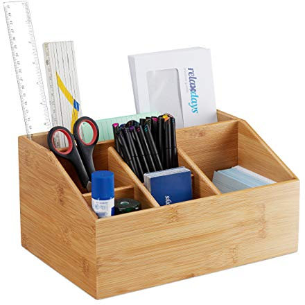 Relaxdays Tischorganizer Bambus, 6 Fächer, mit Stiftehalter, mit Briefhalter A5, Büro Organizer HBT 14x28x19,5 cm, natur, 14 x 28 x 19.5 cm