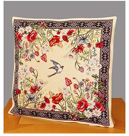 atelier alles-Spitze Gobelin-Kissenhülle Kleine Schwalbe im Blütenmeer 45 x 45 cm Dekokissen Kissenbezug Zierkissen Sofakissen