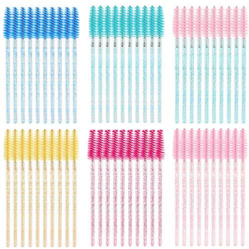 SWKJ 60 PCS Disposable Eyelash Brushes, Spoolies Eyebrow, Mascara Wands Applicator Lash Brushes Castor Oil Brush Cosmetic Makeup Tools(Crystal Mixed colors)