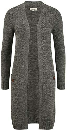 OXMO OXPhiletta Damen Lange Strickjacke Grobstrick Cardigan Longstrickjacke aufgesetzte Taschen 100% Baumwolle Regular fit, Größe:M, Farbe:Dark Grey (792890)