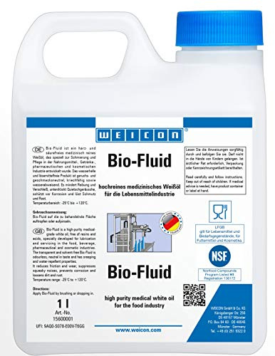 WEICON Bio-Fluid, farblos, 1 L | Medizinisches Weißöl, Weißöl gegen Reibung & Verschleiß, Schmier- und Pflegeöl, lebensmittelecht