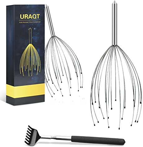 URAQT Kopfmassage Spinne mit 20 Fingern, Nachhaltiges Kopfmassagegerät mit Auslegern auf 2 Ebenen, Premium Kopfmassagegerät für Nachhaltige Entspannungsgefühle - Ideal als Geschenk(3-teiliges Set)