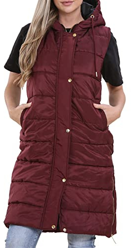 A2Z Ladies Gilet Oversized Hooded Quilted Gilet Padded Long Line Vest - Gilet 800 Wine XXL
