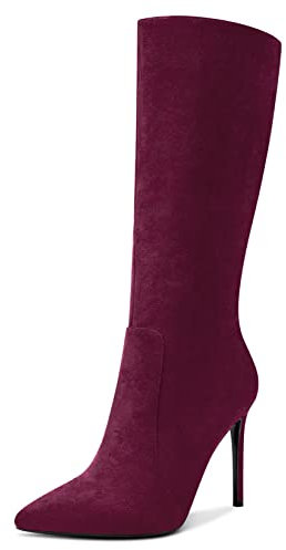 Aachcol Donna Metà polpaccio Stivali Spillo Alto High Tacco Heel Chiusa a Punta Cerniera Classico 10 CM Borgogna Rosso Scamosciato 38 EU