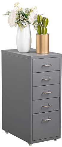 HollyHOME Mobiler Aktenschrank mit 5 Schubladen, rollender Aktenorganisator, Aufbewahrungsschrank aus Metall mit Rollen für Zuhause, Büro und Schule, grau
