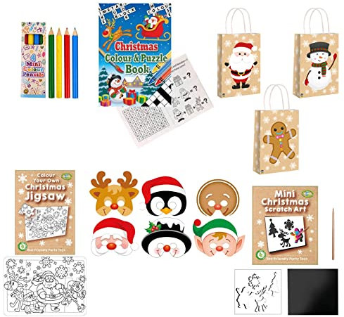 Anila's Complete Christmas Themed 12 Party Bags, Fillers & Favours - Mini Colouring Pencils, Colouring Puzzle Books, Party Bag, Jigsaw, Scratch Art & Masks. (Ideal for Children Aged 4-8)