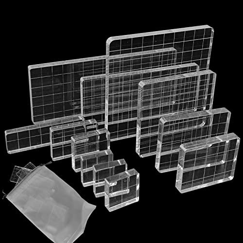 12 StüCk Acryl Stempelblock Set, Acryl BlöCke Stempel Set Mit Gitter Linien, Transparent Acrylblock Stempel StanzblöCke FüR Scrapbooking, Kartenherstellung, Crafts Making(Quadrat, Rectangle)