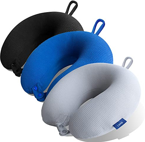 LAMB Cooling Reisekissen, Verstellbares Memory Nackenkissen für Flugzeug Camping Zug Auto, Nackenhörnchen kompaktes und leichtes für Flugzeug Zug Auto Schlafkissen, Partikel Füllung,Schwarz+Grau+Blau