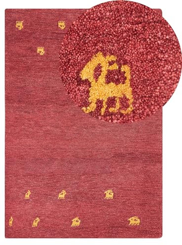 Beliani Gabbeh Teppich rot aus Wolle 140 x 200 cm Hochflor abstraktes Tiermuster weich Yarali