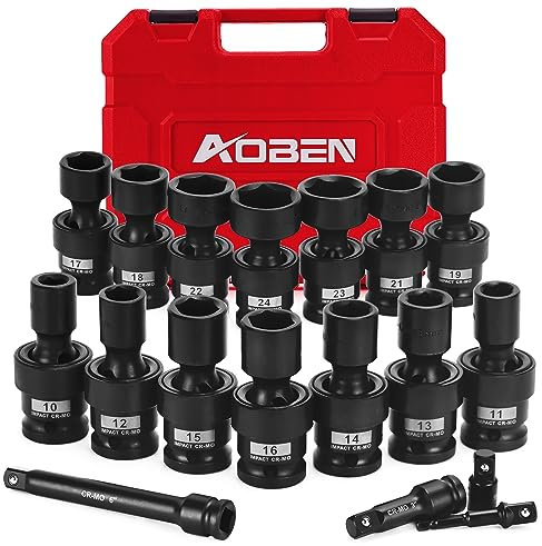 AOBEN Juego de 18 llaves de impacto universales poco profundas de 1/2 pulgada, 6 puntos, métrico, 10-24 mm, acero Cr-V, Herramientas, incluye barras de extensión y adaptador