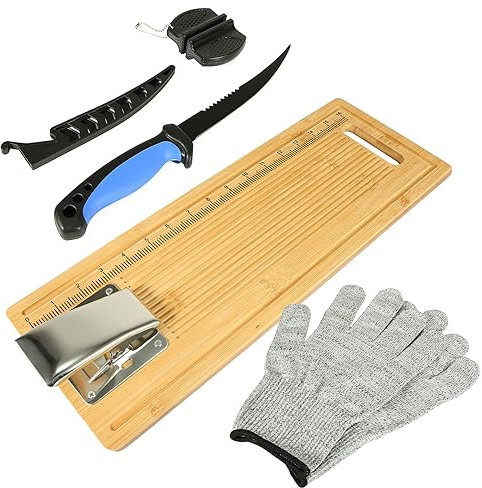EXJIOTA Fish Cleaning Board, Fish Fillet Board with Clamp, Filleting Knife and Gloves, Portable Fishing Measuring Board, 18 Inch Fish Cleaning Kit, Gifts for Fishing, Man, Woman