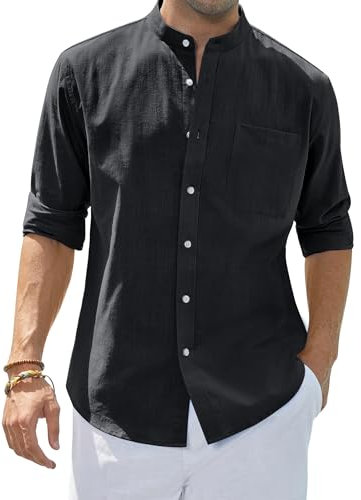 siliteelon Grandad Collar Long Sleeve Black Men's Shirts Cotton Regular Fit Banded Collar Summer Beach Shirts with Pocket,Large