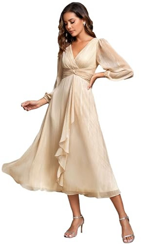 Ever-Pretty Women Dress Ruched V Neck Long Lantern Sleeves Lotus Leaf Fall Bridesmaid Wedding Guest Dresses Champagne 18UK