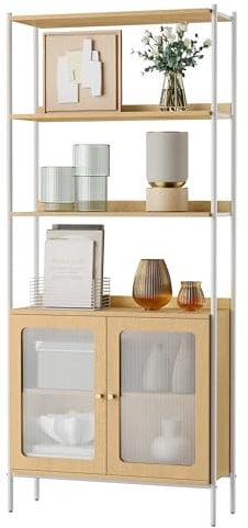 VASAGLE Libreria Scaffale a 6 Ripiani, Libreria Verticale con Ante Plastica PC, Stile Contemporaneo, Struttura in Metallo, Ripiano Regolabile, per Soggiorno, Beige Rovere e Bianco Perla LLS125W57