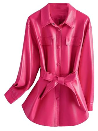 UIOKLMJH Schaffell Lederjacke Für Damen Kurzes Büro Unregelmäßiger Umlegekragen Schnürgürtel Büromantel rose pink XL