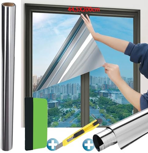 Fensterfolie Sonnenschutz, UV-Schutz Sonnenschutzfolie Fenster Innen Oder Außen, Selbsthaftend Silber Reflektierende Fensterfolie, Spiegelfolie Fenster Sichtschutz, Sonnenschutz Folie (44,5 x 200 cm)
