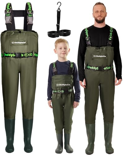 DaddyGoFish Waders bambini e adulti, trampolieri da pesca e da caccia con tasca e gancio per trampolieri