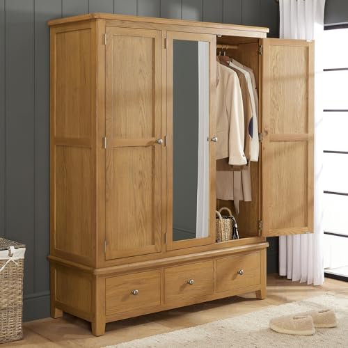 The Furniture Market Cotswold Rustic Smoked Oak Three Door Wardrobe with Mirror, Dovetail Drawers, Adjustable Foot Pads, Solid Oak Construction, Bedroom Storage - H 1910 x W 1460 x D 570mm