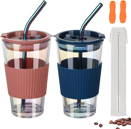 Taoyanmo - Juego de 2 vasos de cristal de 450 ml, para viajes, batidos, café helado para llevar con tapa antisalpicaduras y pajita incluida