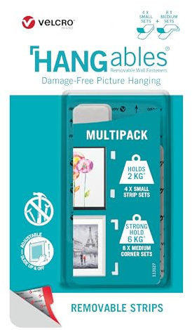 VELCRO Brand - HANGables Picture Hanging Small & Medium Multi-Pack - 4 x Small Strips (Holds 2kg) & 8 x Medium Corner Strips (Holds 6kg) - Damage-Free Picture Hanging