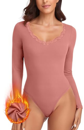 WOWENY Body termico da donna, a maniche lunghe, elegante, con scollo a V, in pile, caldo, comodo, a maniche lunghe, Colore: rosa., L