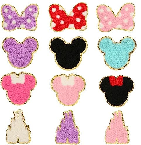 12 Pcs Chenille Mouse Patches, GOKEPO Cute Mouse Bows Castle Embroidered Patches Kids Iron on Knee Patches Gold Trimmed Iron on Patch Mouse Decorative Patches Sew on Embroidered Applique for Clothing
