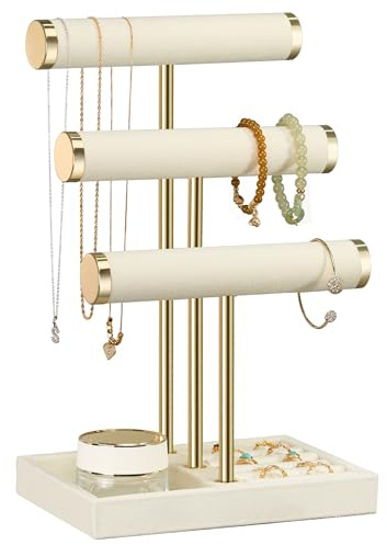 3 Tier Bracelet Holder Display - Detachable T Bar Beige Velvet Bracelet Holder, Jewelry Holder Organizer for Bracelet, Necklace, Watches, Rings